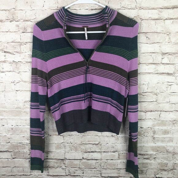 NEW Free People Riptide Crop Top Striped Shirt Teal Combo Womens Small - Picture 2 of 8